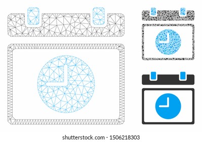 Mesh time schedule model with triangle mosaic icon. Wire carcass polygonal mesh of time schedule. Vector mosaic of triangle elements in different sizes, and color shades.