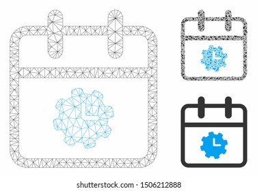 Mesh time service day model with triangle mosaic icon. Wire carcass triangular mesh of time service day. Vector mosaic of triangle elements in variable sizes, and color hues.