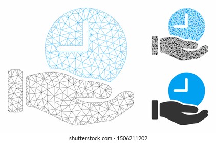 Mesh time service hand model with triangle mosaic icon. Wire frame triangular mesh of time service hand. Vector mosaic of triangles in various sizes, and color shades.