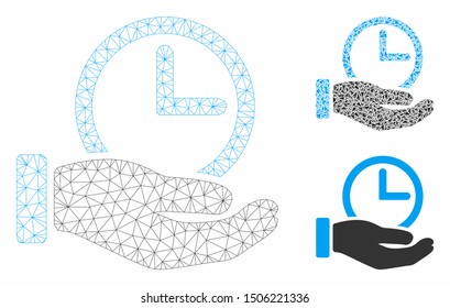 Mesh time service model with triangle mosaic icon. Wire carcass triangular mesh of time service. Vector composition of triangle parts in different sizes, and color tints.