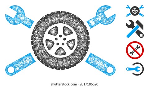 Der Reifenservice von Mesh zeichnet eine Vektorgrafik von Websymbolen auf. Das Carcass-Modell wird aus dem Reifenservice erstellt, das eine flache Ikone bildet. Das Netzwerk bildet abstrakte Reifenservice wrencht flachen Schlachtkörper.