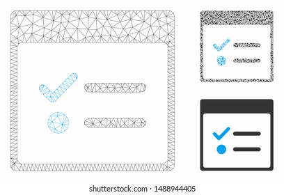 Mesh todo items calendar page model with triangle mosaic icon. Wire carcass polygonal mesh of todo items calendar page. Vector mosaic of triangle elements in different sizes, and color tints.