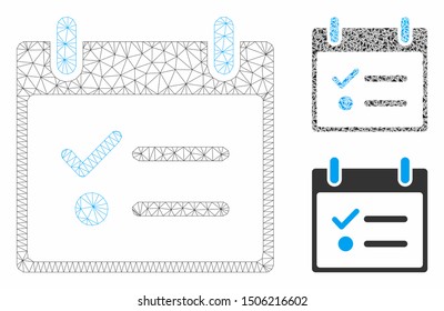 Mesh todo list calendar day model with triangle mosaic icon. Wire carcass triangular mesh of todo list calendar day. Vector mosaic of triangle parts in various sizes, and color tinges.