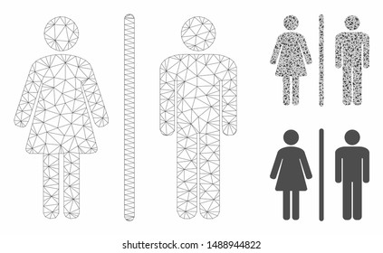 Mesh toilet model with triangle mosaic icon. Wire carcass triangular mesh of toilet. Vector mosaic of triangle elements in variable sizes, and color tinges. Abstract 2d mesh toilet,