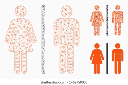 Mesh toilets model with triangle mosaic icon. Wire frame triangular network of toilets. Vector mosaic of triangle elements in different sizes, and color shades. Abstract flat mesh toilets,