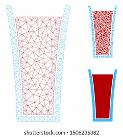 Mesh tomato juice glass model with triangle mosaic icon. Wire carcass polygonal mesh of tomato juice glass. Vector composition of triangles in variable sizes, and color shades.