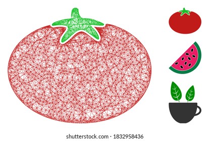 Ilustración vectorial de icono web poligonal de tomate en malla. El modelo de canal se crea a partir de un icono plano de tomate. La red triangular forma un modelo abstracto de tomate plano.