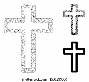 Mesh tomb cross model with triangle mosaic icon. Wire frame polygonal mesh of tomb cross. Vector mosaic of triangle elements in various sizes, and color tones. Abstract 2d mesh tomb cross,