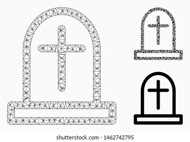 Mesh tombstone model with triangle mosaic icon. Wire carcass triangular network of tombstone. Vector mosaic of triangle parts in various sizes, and color tints. Abstract flat mesh tombstone,