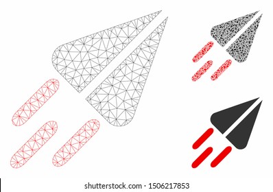 Mesh ton currency flight model with triangle mosaic icon. Wire carcass triangular mesh of ton currency flight. Vector mosaic of triangle elements in different sizes, and color tones.