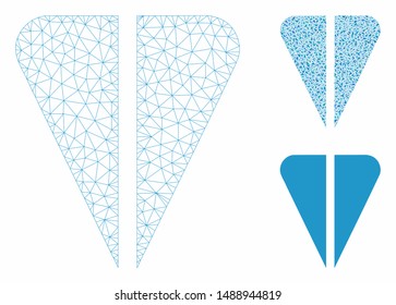 Mesh ton currency model with triangle mosaic icon. Wire frame triangular network of ton currency. Vector collage of triangle parts in different sizes, and color shades.