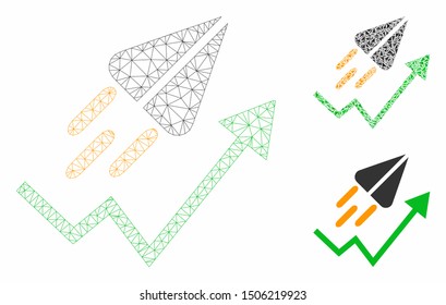 Mesh ton launch trend arrow model with triangle mosaic icon. Wire frame polygonal mesh of ton launch trend arrow. Vector mosaic of triangle elements in different sizes, and color tones.