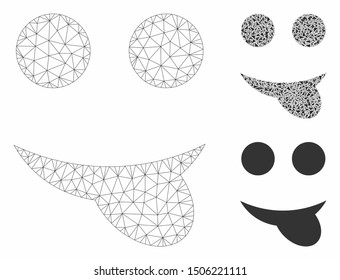 Mesh tongue smiley model with triangle mosaic icon. Wire carcass polygonal mesh of tongue smiley. Vector mosaic of triangle elements in various sizes, and color hues. Abstract 2d mesh tongue smiley,