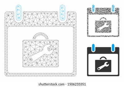 Mesh toolbox calendar day model with triangle mosaic icon. Wire carcass triangular mesh of toolbox calendar day. Vector mosaic of triangles in different sizes, and color tinges.