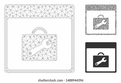Mesh toolbox calendar page model with triangle mosaic icon. Wire frame triangular mesh of toolbox calendar page. Vector collage of triangle elements in various sizes, and color shades.