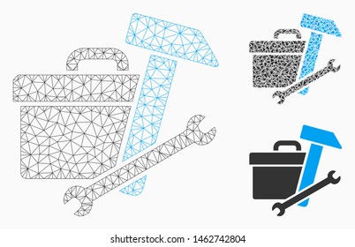 Mesh toolbox model with triangle mosaic icon. Wire frame polygonal mesh of toolbox. Vector mosaic of triangle elements in various sizes, and color shades. Abstract 2d mesh toolbox,