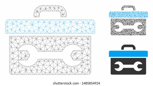 Mesh toolbox model with triangle mosaic icon. Wire frame triangular mesh of toolbox. Vector mosaic of triangle parts in different sizes, and color shades. Abstract flat mesh toolbox,