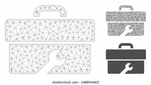 Mesh toolbox model with triangle mosaic icon. Wire frame triangular network of toolbox. Vector mosaic of triangle elements in different sizes, and color shades. Abstract 2d mesh toolbox,
