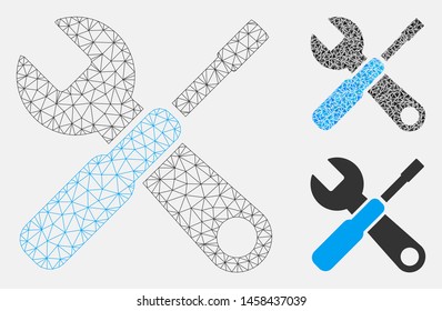 Mesh tools model with triangle mosaic icon. Wire carcass polygonal mesh of tools. Vector composition of triangle parts in variable sizes, and color tones. Abstract flat mesh tools,