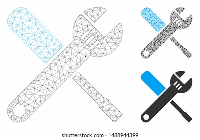 Mesh tools model with triangle mosaic icon. Wire frame triangular mesh of tools. Vector mosaic of triangles in different sizes, and color tinges. Abstract 2d mesh tools, designed with triangular grid.
