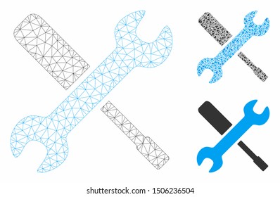Mesh tools model with triangle mosaic icon. Wire carcass triangular mesh of tools. Vector mosaic of triangle elements in variable sizes, and color shades. Abstract flat mesh tools,