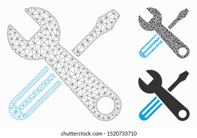 Mesh tools model with triangle mosaic icon. Wire frame triangular mesh of tools. Vector collage of triangle parts in different sizes, and color shades. Abstract flat mesh tools,