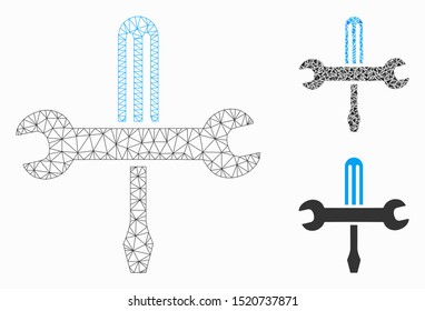 Mesh tools model with triangle mosaic icon. Wire carcass triangular mesh of tools. Vector mosaic of triangle elements in variable sizes, and color tints. Abstract 2d mesh tools,