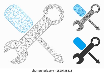 Mesh tools model with triangle mosaic icon. Wire carcass triangular mesh of tools. Vector mosaic of triangle parts in different sizes, and color tones. Abstract 2d mesh tools, designed with triangles.