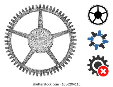 Mesh tooth main wheel polygonal web 2d vector illustration. Carcass model is based on tooth main wheel flat icon. Triangle mesh forms abstract tooth main wheel flat carcass.