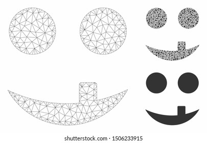 Mesh tooth smiley model with triangle mosaic icon. Wire frame polygonal mesh of tooth smiley. Vector mosaic of triangle elements in variable sizes, and color tints. Abstract flat mesh tooth smiley,