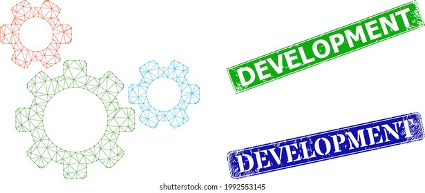 Mesh top gear model, and Development blue and green rectangle scratched seal prints. Mesh wireframe symbol is based on top gear pictogram. Seals include Development caption inside rectangle form.