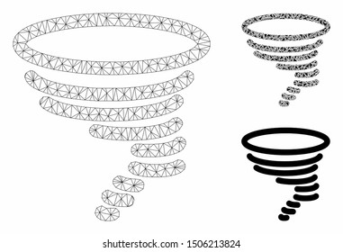 Mesh tornado model with triangle mosaic icon. Wire frame polygonal mesh of tornado. Vector mosaic of triangle elements in different sizes, and color hues. Abstract 2d mesh tornado,