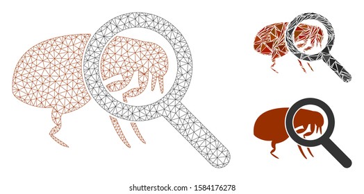 Mesh total flea control model with triangle mosaic icon. Wire carcass polygonal network of total flea control. Vector mosaic of triangle elements in different sizes, and color tints.