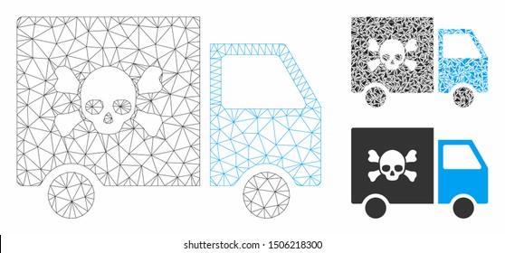Mesh toxic transportation car model with triangle mosaic icon. Wire frame triangular network of toxic transportation car. Vector mosaic of triangle parts in variable sizes, and color hues.