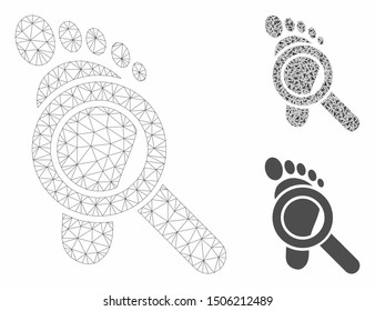 Mesh trace detective model with triangle mosaic icon. Wire frame triangular mesh of trace detective. Vector mosaic of triangle parts in different sizes, and color tones.