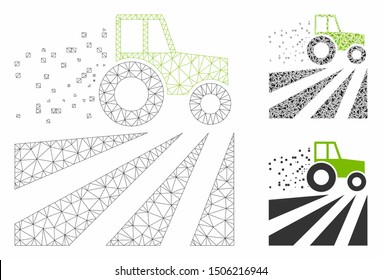 Mesh tractor dust field model with triangle mosaic icon. Wire frame triangular mesh of tractor dust field. Vector mosaic of triangle elements in different sizes, and color shades.