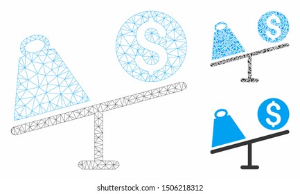 Mesh trade swing model with triangle mosaic icon. Wire frame polygonal mesh of trade swing. Vector mosaic of triangle parts in variable sizes, and color tinges. Abstract flat mesh trade swing,