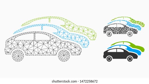Mesh traffic cars model with triangle mosaic icon. Wire frame polygonal mesh of traffic cars. Vector mosaic of triangle parts in variable sizes, and color tones. Abstract 2d mesh traffic cars,