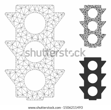 Mesh traffic lights off model with triangle mosaic icon. Wire frame triangular mesh of traffic lights off. Vector mosaic of triangle elements in variable sizes, and color shades.