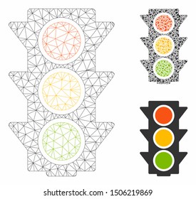 Mesh traffic lights on model with triangle mosaic icon. Wire carcass triangular network of traffic lights on. Vector mosaic of triangle parts in different sizes, and color shades.