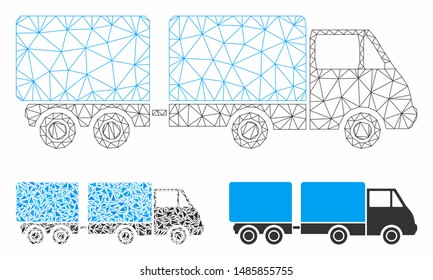 Mesh trailer model with triangle mosaic icon. Wire carcass triangular mesh of trailer. Vector mosaic of triangle parts in variable sizes, and color tinges. Abstract flat mesh trailer,