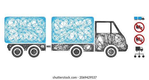 Mesh trailer web symbol vector illustration. Model is created from trailer flat icon. Mesh forms abstract trailer flat model. wireframe flat web network isolated on a white background.