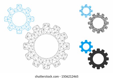Mesh transmission gears model with triangle mosaic icon. Wire frame triangular network of transmission gears. Vector mosaic of triangle parts in different sizes, and color tints.