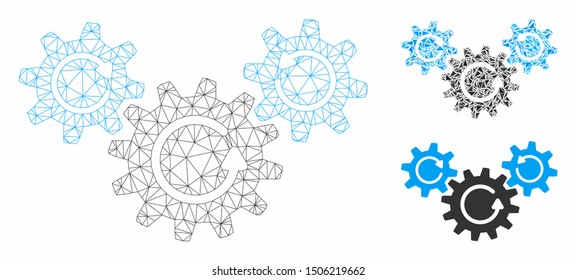 Mesh transmission wheels rotation model with triangle mosaic icon. Wire carcass polygonal mesh of transmission wheels rotation. Vector mosaic of triangle elements in various sizes, and color tinges.