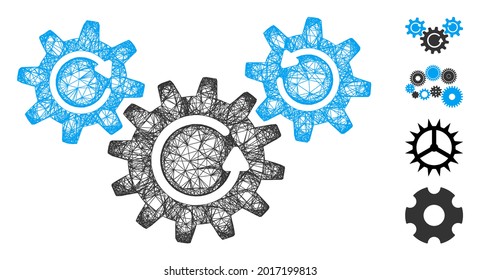 Mesh transmission wheels rotation web icon vector illustration. Carcass model is based on transmission wheels rotation flat icon. Mesh forms abstract transmission wheels rotation flat carcass.
