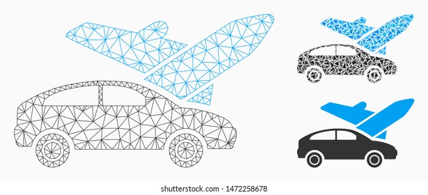 Mesh transport model with triangle mosaic icon. Wire frame polygonal mesh of transport. Vector composition of triangle elements in variable sizes, and color shades. Abstract 2d mesh transport,