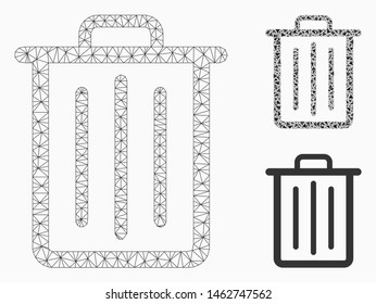 Mesh trash can model with triangle mosaic icon. Wire carcass triangular mesh of trash can. Vector composition of triangle parts in different sizes, and color hues. Abstract 2d mesh trash can,
