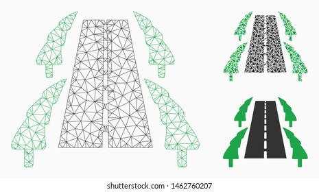 Mesh tree alley road model with triangle mosaic icon. Wire carcass polygonal mesh of tree alley road. Vector mosaic of triangle elements in various sizes, and color tints.