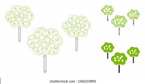 Mesh tree garden model with triangle mosaic icon. Wire carcass triangular mesh of tree garden. Vector mosaic of triangle elements in various sizes, and color tones. Abstract flat mesh tree garden,