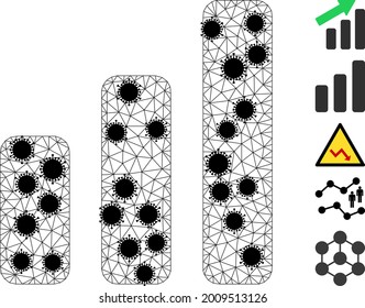 Mezcle la gráfica de barras de tendencia con la ilustración de un vector de icono poligonal, con elementos de infección negra. La abstracción se crea a partir del icono plano de la barra de tendencia ascendente, con centros de virus y malla triangular.